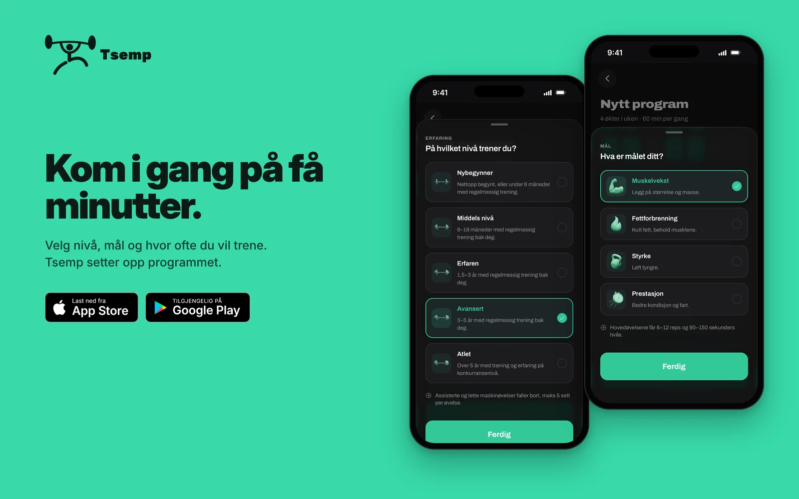 Tsemp-appen der man velger treningsnivå og mål for et nytt program