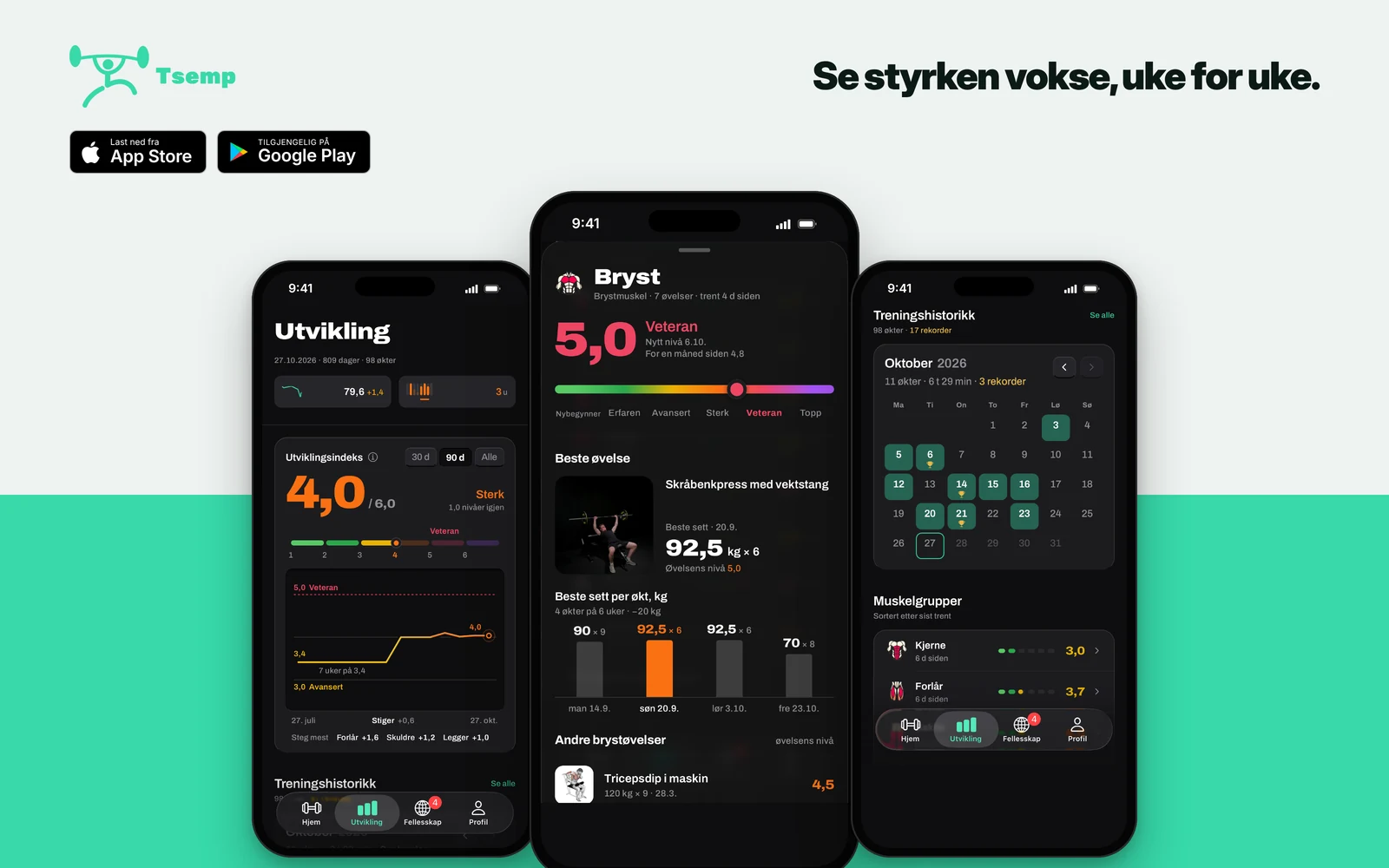 Tre skjermer i Tsemp-appen: utviklingsindeks, nivå for brystmuskulaturen og treningshistorikk