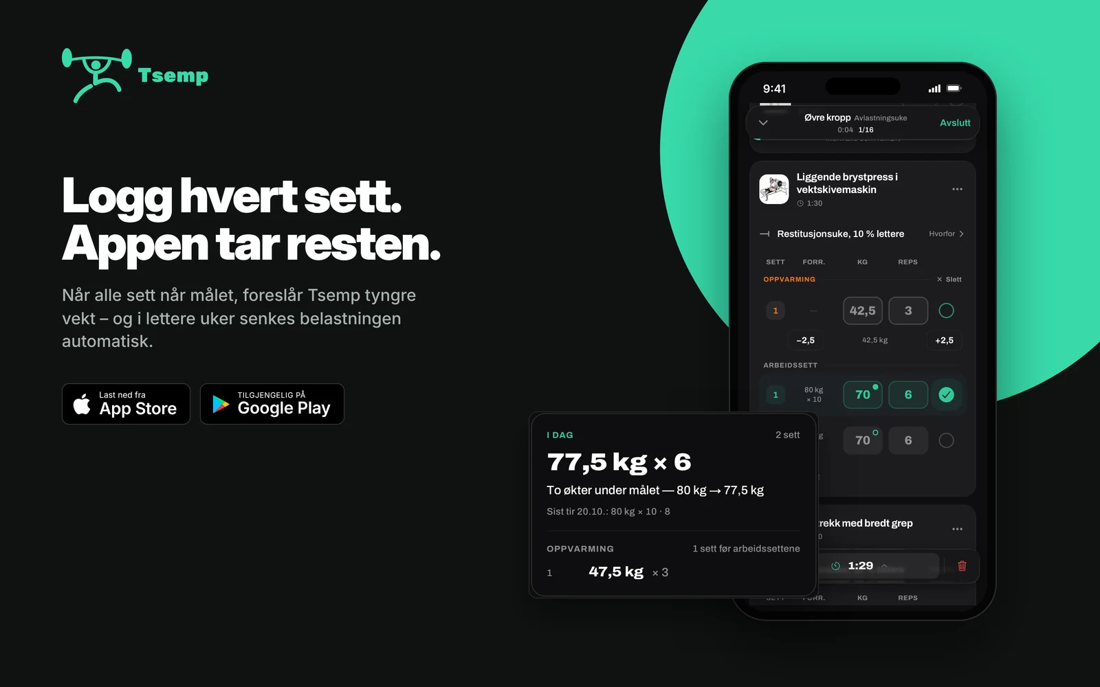 Tsemp-appen under en styrkeøkt der sett og kilo logges, og vekten justeres ned etter to økter under målet