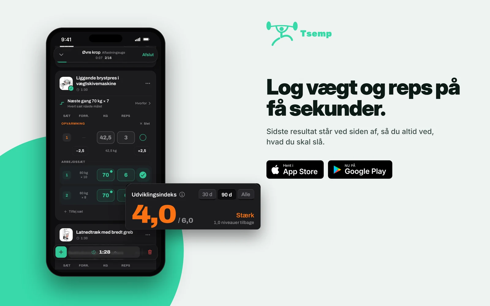 Logning af sæt med vægt og gentagelser i Tsemp-appen og et udviklingsindeks på 4,0