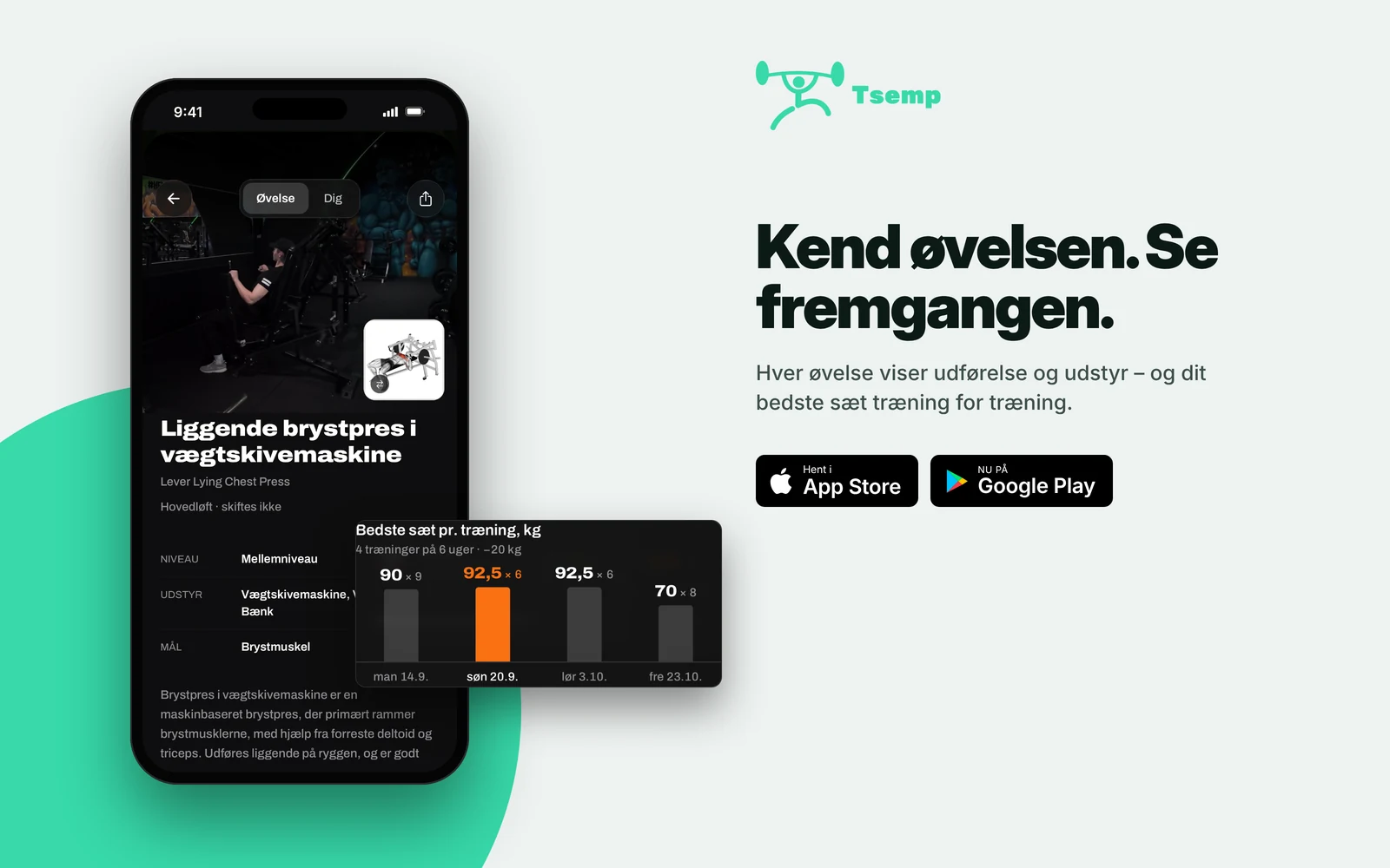 Øvelsesside for liggende brystpres i Tsemp-appen og et diagram over bedste sæt pr. træning