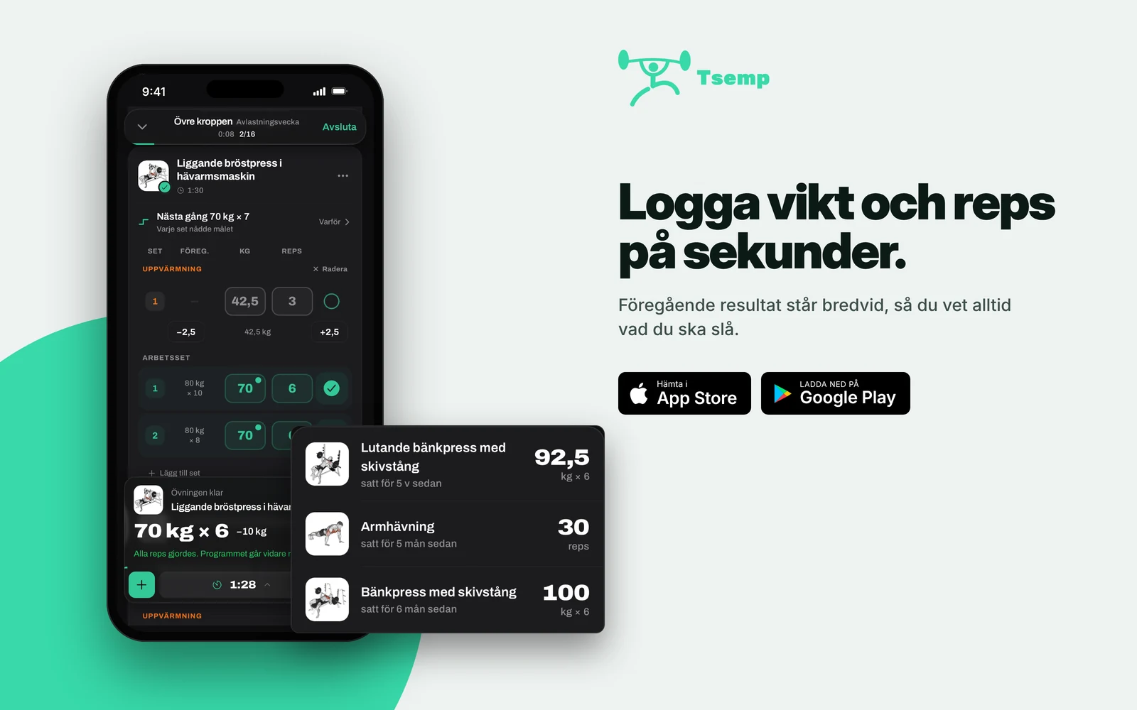 Loggning av set med vikt och repetitioner i Tsemp-appen och en lista med personliga rekord